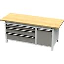 Otto Kind établi large type 435, plateau en hêtre multiplex, dépassant, jusqu'à 1400 kg, L 2004 x P 750 x H 850 mm, acier, fermeture centrale, gris clair/gris poussière