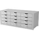 Paperflow drawer box, size A4, 12 drawers with closed front, recessed grip &amp; label holder, labels, W 857 x D 342 x H 350 mm, PS, grey