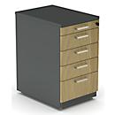 Pedestal BEXXSTAR, 4 drawers, utensil drawer, W 430 x D 600 x H 740 mm, dark gray/oak decor
