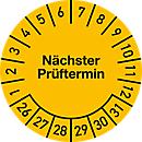 Plaquette de contrôle moedel prochaine date de contrôle 2026-2031, jaune, rouleau de 500, échéance visible, pour appareils, machines