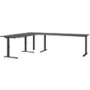 Porto hoekbureau, mechanisch in hoogte verstelbaar, C-poot, incl. aanbouwtafel met steunpoot, B 1200/1800 x D 2200 x H 680-910 mm, grafiet/zwart