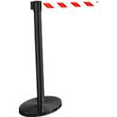 Poteau de sangle GLA45, incl. plaque de base 320 mm &amp; cassette de sangle 2,3 m d'extension, H 955 mm, métal, noir, sangle rouge-blanc