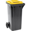 Poubelle mobile SSI Schäfer GMT eXtra, 120 l, EN 840, préparée pour recevoir une puce, poignée de traction, plastique recyclé à 90 %, noir-jaune