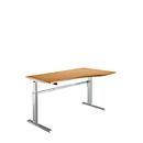 Pupitre estándar, regulable eléctricamente en altura, forma libre, fijación a la derecha, pie en C, An 1800 x Pr 1000/800 x Al 725-1185 mm, haya/aluminio blanco