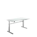 Pupitre estándar, regulable eléctricamente en altura, forma libre, fijación a la derecha, pie en C, ancho 1800 x fondo 1000/800 x alto 725-1185 mm, aluminio gris claro/blanco