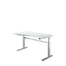 Pupitre estándar, regulable eléctricamente en altura, forma libre, fijación a la izquierda, pie en C, ancho 1800 x fondo 1000/800 x alto 725-1185 mm, aluminio gris claro/blanco