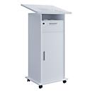 Pupitre Melta, mobile, réglable en hauteur/inclinable, 1 compartiment ouvert, 1 tiroir verrouillable, 2 compartiments avec porte, L 600 x P 500 x H 1090-1200 mm, bois, blanc