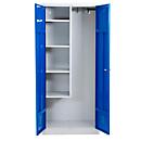 Putzmittelschrank, B 800 mm, 4 Böden, verkürzte Mitteltrennwand, abschließbar, enzianblau RAL 5010/l.grau RAL 7035