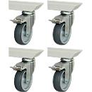 Rau Jeu de roulettes pour tables de travail réglables en hauteur Adlatus 150, 4 roulettes pivotantes avec frein, Ø 100 mm, H 135 mm, TPR, gris