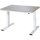 Rau werktafel Adlatus, elektrisch in hoogte verstelbaar, 25 mm MDF-plaat met roestvrijstalen coating, tot 300 kg, B 1250 x D 1000 x H 720-1120 mm, zilver/lichtgrijs