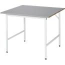 Rau werktafel Jerry, handmatig in hoogte verstelbaar, 25 mm MDF blad met roestvrij stalen bekleding, tot 300 kg, B 1000 x D 1000 x H 800-850 mm, zilver/grijs