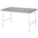 Rau werktafel Jerry, handmatig in hoogte verstelbaar, 25 mm MDF blad met roestvrij stalen bekleding, tot 300 kg, B 1500 x D 1000 x H 800-850 mm, zilver/lichtgrijs