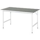 Rau werktafel Jerry, handmatig in hoogte verstelbaar, 25 mm spaanplaat met linoleum bekleding, tot 300 kg, B 1500 x D 800 x H 800-850 mm, lichtgrijs/lichtgrijs