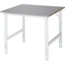 Rau werktafel Tom, handmatig in hoogte verstelbaar, 25 mm MDF blad met roestvrij stalen bekleding, tot 500 kg, B 1000 x D 1000 x H 760-1080 mm, zilver/lichtgrijs