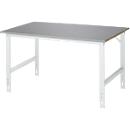Rau werktafel Tom, handmatig in hoogte verstelbaar, 25 mm MDF blad met roestvrij stalen bekleding, tot 500 kg, B 1500 x D 1000 x H 760-1080 mm, zilver/lichtgrijs