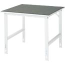 Rau werktafel Tom, handmatig in hoogte verstelbaar, 25 mm spaanplaat met linoleum bekleding, tot 500 kg, B 1000 x D 1000 x H 760-1080 mm, lichtgrijs/lichtgrijs