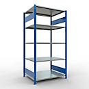 Rayonnage à emboîter MULTIplus150 - utilisable des 2 côtés - module de base - l. 1000 x P 300 x H 2000 mm - 5 étagères - capacité de charge par étagère 150 kg - renforcé par des traverses de longueur - acier - bleu gentiane RAL 5010