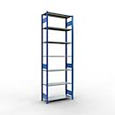 Rayonnage à emboîter MULTIplus150 - utilisable des 2 côtés - module de base - l. 1000 x P 400 x H 3000 mm - 7 étagères - capacité de charge par étagère 150 kg - renforcé par des traverses de longueur - acier - bleu gentiane RAL 5010