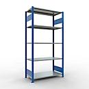 Rayonnage à emboîter MULTIplus150 - utilisable des 2 côtés - module de base - l. 1000 x P 500 x H 2000 mm - 5 étagères - capacité de charge par étagère 150 kg - renforcé par des traverses de longueur - acier - bleu gentiane RAL 5010
