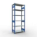 Rayonnage à emboîter MULTIplus150 - utilisable des 2 côtés - module de base - l. 1000 x P 500 x H 2500 mm - 6 étagères - capacité de charge par étagère 150 kg - renforcé par des traverses de longueur - acier - bleu gentiane RAL 5010