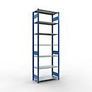 Rayonnage à emboîter MULTIplus150 - utilisable des 2 côtés - module de base - l. 1000 x P 500 x H 3000 mm - 7 étagères - capacité de charge par étagère 150 kg - renforcé par des traverses de longueur - acier - bleu gentiane RAL 5010