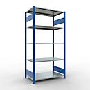 Rayonnage à emboîter MULTIplus150 - utilisable des 2 côtés - module de base - l. 1000 x P 600 x H 2000 mm - 5 étagères - capacité de charge par étagère 150 kg - renforcé par des traverses de longueur - acier - bleu gentiane RAL 5010