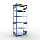 Rayonnage à emboîter MULTIplus150 - utilisable des 2 côtés - module de base - l. 1000 x P 600 x H 2500 mm - 6 étagères - capacité de charge par étagère 150 kg - renforcé par des traverses de longueur - acier - bleu gentiane RAL 5010
