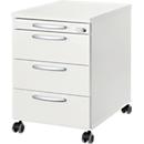 Roll container 1333, 3 drawers &amp; 1 utensil drawer, lockable, round handles, wood/steel/plastic, W 434 x D 800 x H 613 mm, white