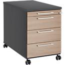 Rollcontainer 1333, 3 Schübe & 1 Utensilienauszug, abschließbar, eckige Griffe, Holz/Stahl/Kunststoff, B 434 x T 800 x H 613 mm,graphit/Eiche-Dekor