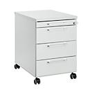 Rollcontainer 1333, 3 Schübe & 1 Utensilienauszug, abschließbar, eckige Griffe, Holz/Stahl/Kunststoff, B 434 x T 800 x H 613 mm, lichtgrau