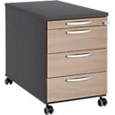 Rollcontainer 1333, 3 Schübe & 1 Utensilienauszug, abschließbar, runde Griffe, Holz/Stahl/Kunststoff, B 434 x T 600 x H 613 mm,graphit/Eiche
