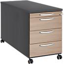Rollcontainer 1333, 3 Schübe & 1 Utensilienauszug, abschließbar, runde Griffe, Holz/Stahl/Kunststoff, B 434 x T 800 x H 613 mm, graphit/Eiche