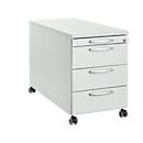 Rollcontainer 1333, 3 Schübe & 1 Utensilienauszug, abschließbar, runde Griffe, Holz/Stahl/Kunststoff, B 434 x T 800 x H 613 mm, lichtgrau