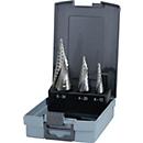 RUKO Stufenbohrersatz, Ø 4-12/4-20/4-30 mm, HSS-Co5 Spiralnut, Kreuzanschliff, 3 Spannflächen, 3-teilig in Kunststoffkassette