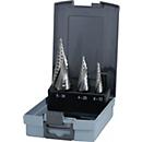 RUKO Stufenbohrersatz, Ø 4-12/4-20/4-30 mm, HSS Spiralnut, Kreuzanschliff, 3 Spannflächen, Kunststoffkassette, 3-teilig