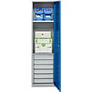Schäfer Shop Armoire à matériel Genius FS, 5 HC, verrouillable, 2 tablettes/6 tiroirs, jusqu'à 250 kg, L 545 x P 520 x H 1950 mm, acier, alu blanc/bleu gentiane