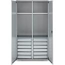 Schäfer Shop Armoire à matériel Genius FS, 5 HC, verrouillable, 4 tablettes/12 tiroirs, jusqu'à 450 kg, L 1055 x P 520 x H 1950 mm, acier, alu blanc/alu blanc