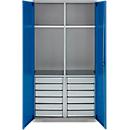 Schäfer Shop Armoire à matériel Genius FS, 5 HC, verrouillable, 4 tablettes/12 tiroirs, jusqu'à 450 kg, L 1055 x P 520 x H 1950 mm, acier, alu blanc/bleu gentiane