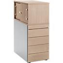 Schäfer Shop Caisson sur pied Genius avec armoire à poser, y compris porte coulissante, entièrement verrouillable, rainure de poignée latérale, chêne/alu blanc