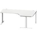 Schäfer Shop Escritorio angular Genius MODENA FLEX, ángulo de 90° a la derecha, tubo rectangular con pie en T, An 2000 x Pr 1200/800 x Al 650-850 mm, aluminio gris claro/blanco