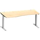 Schäfer Shop Escritorio Genius MODENA FLEX, forma libre a la izquierda, tubo rectangular con patas en T, An 1800 x P 1000/800 x Al 650-850 mm, arce/aluminio blanco