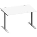 Schäfer Shop Escritorio Genius MODENA FLEX, rectangular, tubo rectangular con patas en T, An 1200 x F 800 x Al 650-850 mm, aluminio blanco/blanco