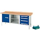 Schäfer Shop Établi en caisson Select PWi 200-1, plateau en hêtre multiplex, jusqu'à 750 kg, L 2000 x P 700 x H 840 mm, gris clair/bleu enzanium + caisse de transport gratuite Carry