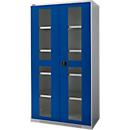 Schäfer Shop Genius armario de doble puerta FS, acero, ventana, agujeros de ventilación, An 1055 x F 520 x Al 1950 mm, 5 OH, aluminio blanco/azul genciana, hasta 500 kg 