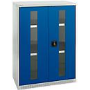 Schäfer Shop Genius Armoire à portes battantes FS, acier, fenêtre, trous d'aération, L 810 x P 520 x H 1105 mm, 3 HC, gris clair/bleu gentiane, jusqu'à 180 kg