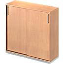 Schäfer Shop Genius Armoire à portes coulissantes TETRIS WOOD, 3 HC, l. 1200 mm, avec socle en acier, coloris hêtre 