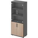 Schäfer Shop Genius Armoire combinée TETRIS WOOD, 5 HC, H 1910 mm Portes vitrées et battantes, hauteur avec patins, graphite/chêne