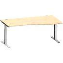 Schäfer Shop Genius Bureau MODENA FLEX, forme libre à droite, pied en T tube rectangulaire, L 1800 x P 1000/800 x H 650-850 mm, érable/alu blanc