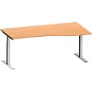 Schäfer Shop Genius Bureau MODENA FLEX, forme libre à droite, pied en T tube rectangulaire, L 1800 x P 1000/800 x H 650-850 mm, hêtre/alu blanc