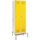 Schäfer Shop Genius Casier de vestiaires avec banc, 2 compartiments, largeur de compartiment 300 mm, serrure de sécurité à came batteuse, gris clair/jaune colza